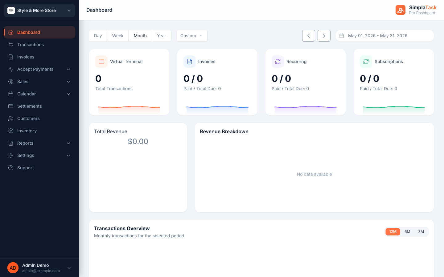 SimplaTask Dashboard — 4 KPI cards, total revenue, revenue breakdown, transactions chart, with day/week/month range selector