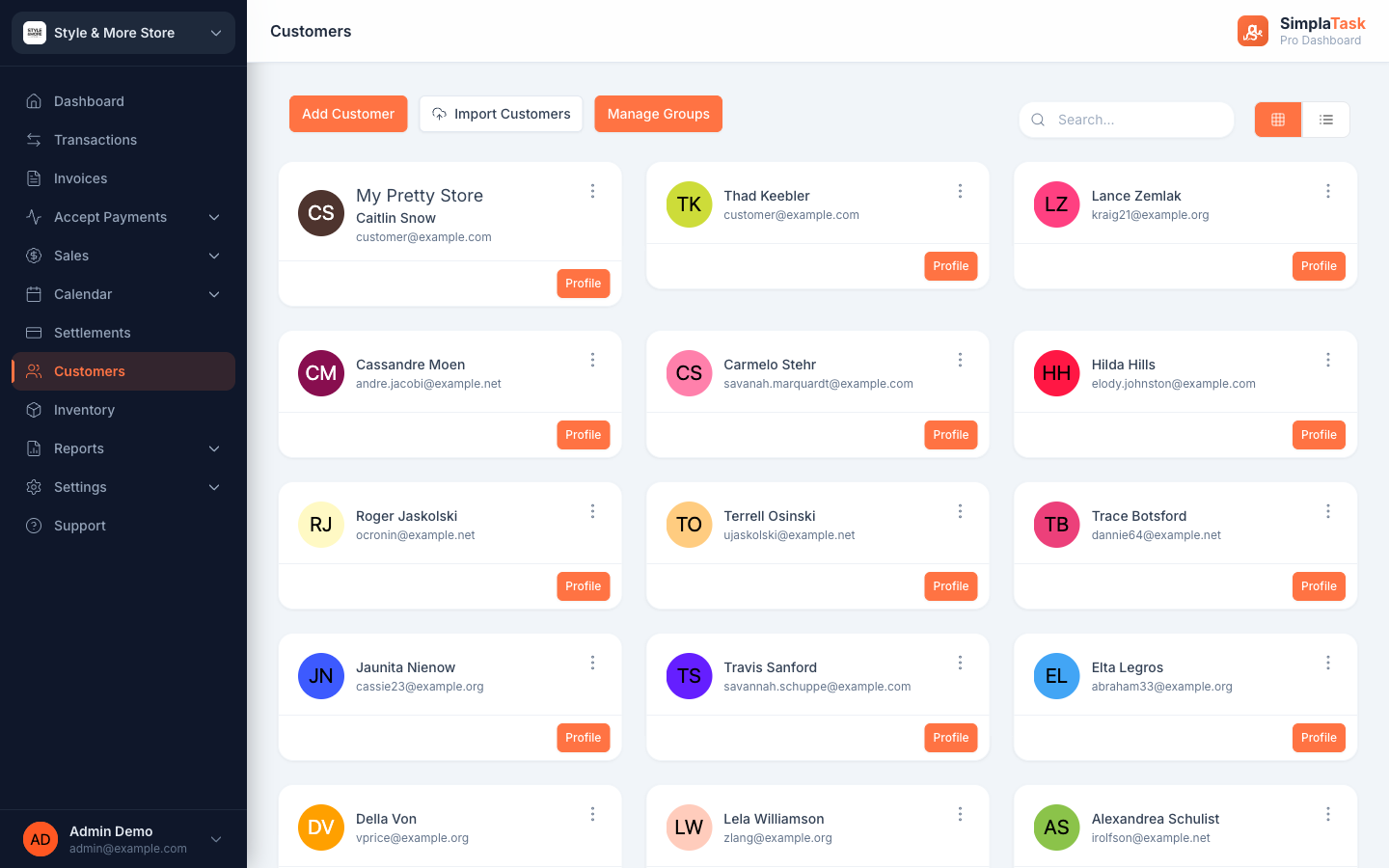 SimplaTask Customers grid — customer cards with colored avatars, names, emails, and a Profile button per card