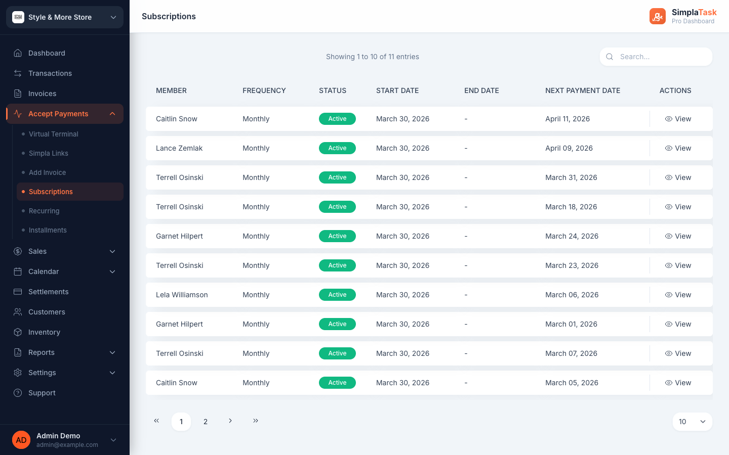 SimplaTask Subscriptions list — 11 active subscribers with monthly frequency, status badges, start date and next payment date